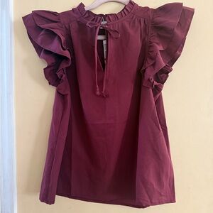 Vineyard Vines Solid Silky Ruffle Sleeve Top in Crimson, XS, NWT